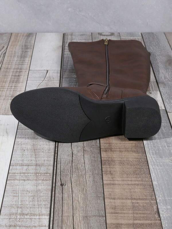 Women's Fashionable Comfortable Chunky Heel High-Cut Riding Boots With Inner Zipper, Pointed Toe