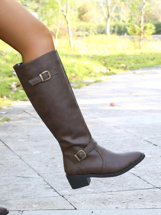 Women's Fashionable Comfortable Chunky Heel High-Cut Riding Boots With Inner Zipper, Pointed Toe