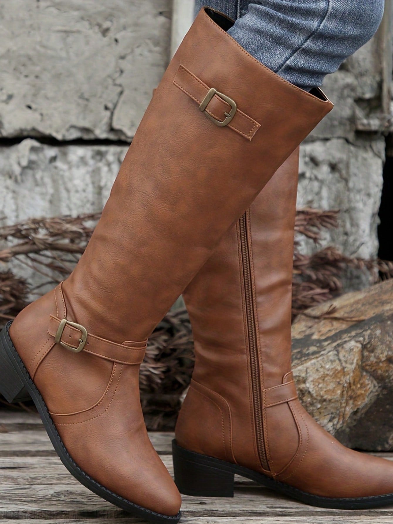 Women's Fashionable Comfortable Chunky Heel High-Cut Riding Boots With Inner Zipper, Pointed Toe