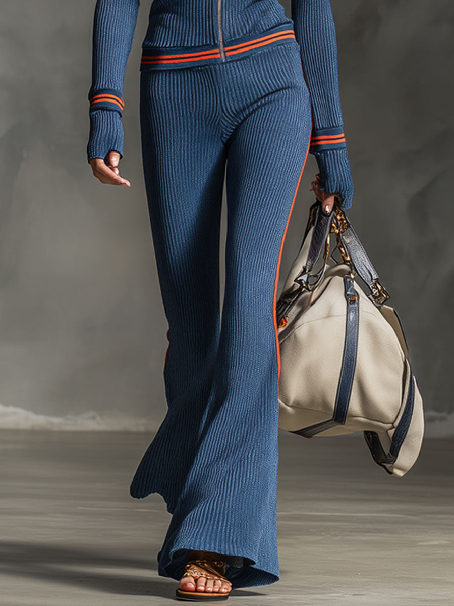 CASUAL RETRO – NAVY STRIPED CARDIGAN & FLARED PANTS SET