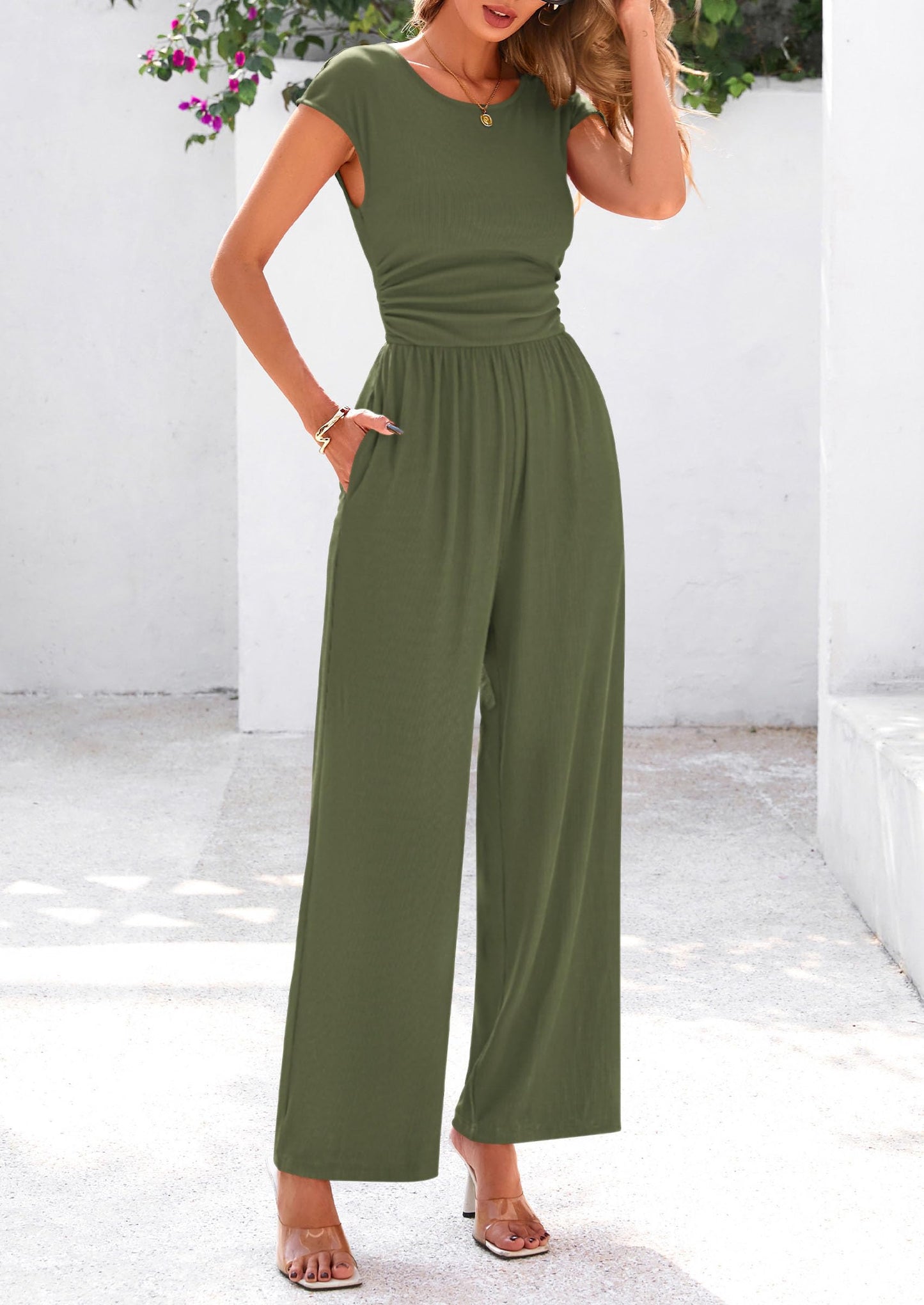EMMA – RIPPSTRICK-JUMPSUIT MIT CAP-ÄRMELN UND WEITEM BEIN