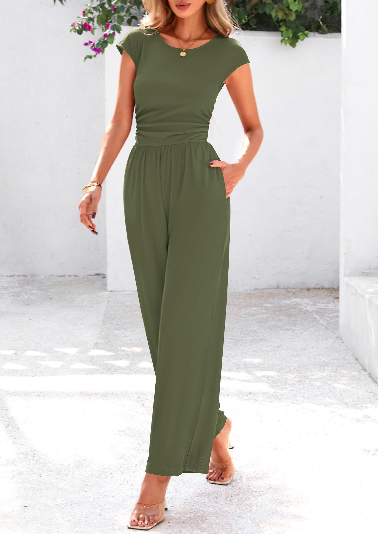 EMMA – RIPPSTRICK-JUMPSUIT MIT CAP-ÄRMELN UND WEITEM BEIN