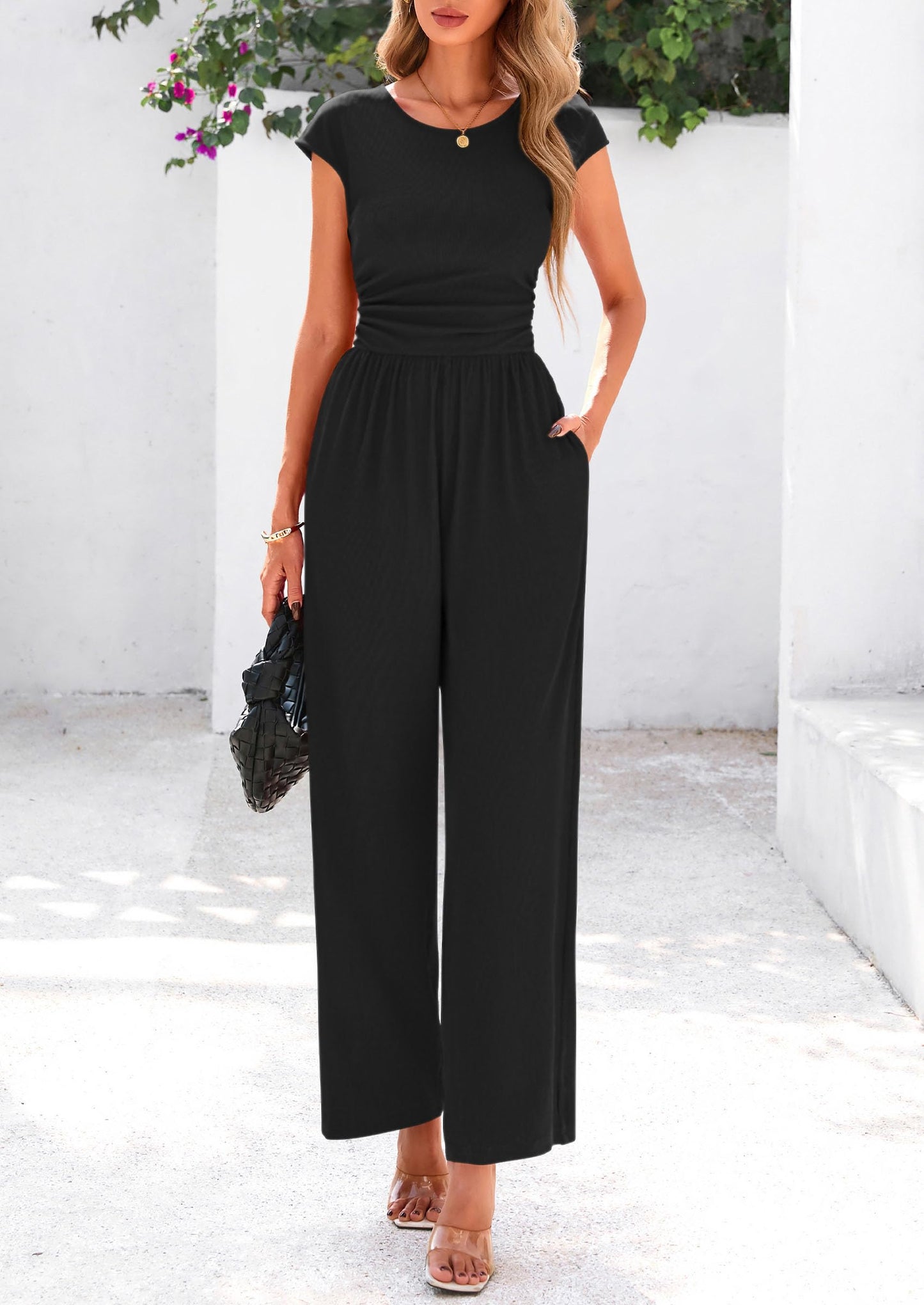EMMA – RIPPSTRICK-JUMPSUIT MIT CAP-ÄRMELN UND WEITEM BEIN