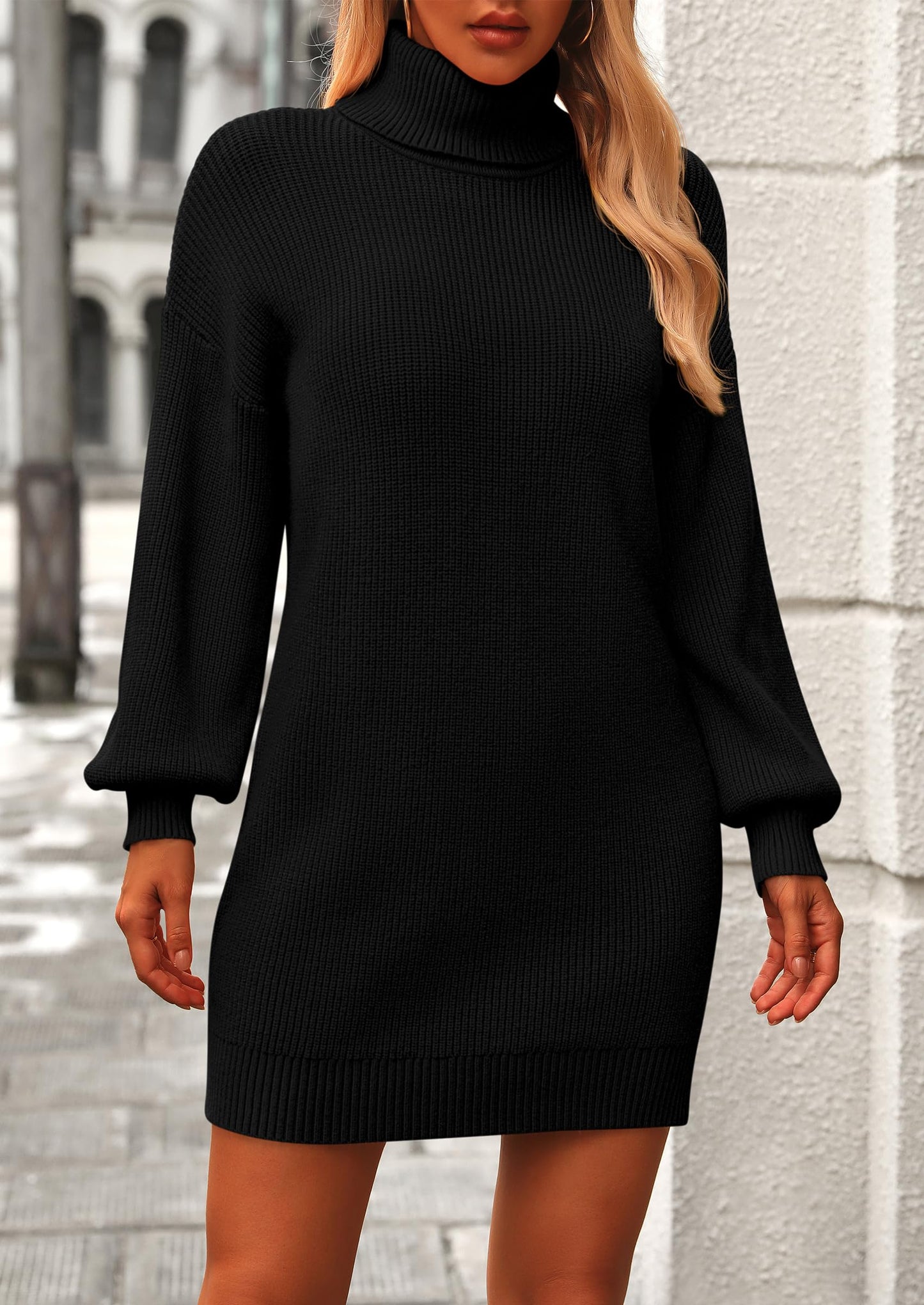 ALINA – RIPPSTRICK-KLEID MIT TURTLENECK UND PUFFÄRMELN