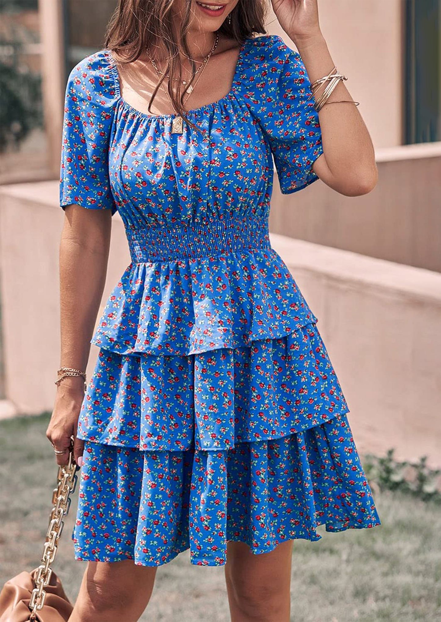 ELIANA - BOHO MINIKLEID MIT VOLANTS UND KARREE-AUSSCHNITT
