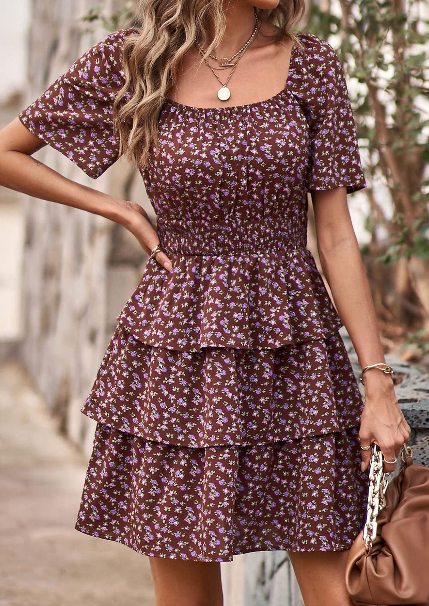 ELIANA - BOHO MINIKLEID MIT VOLANTS UND KARREE-AUSSCHNITT