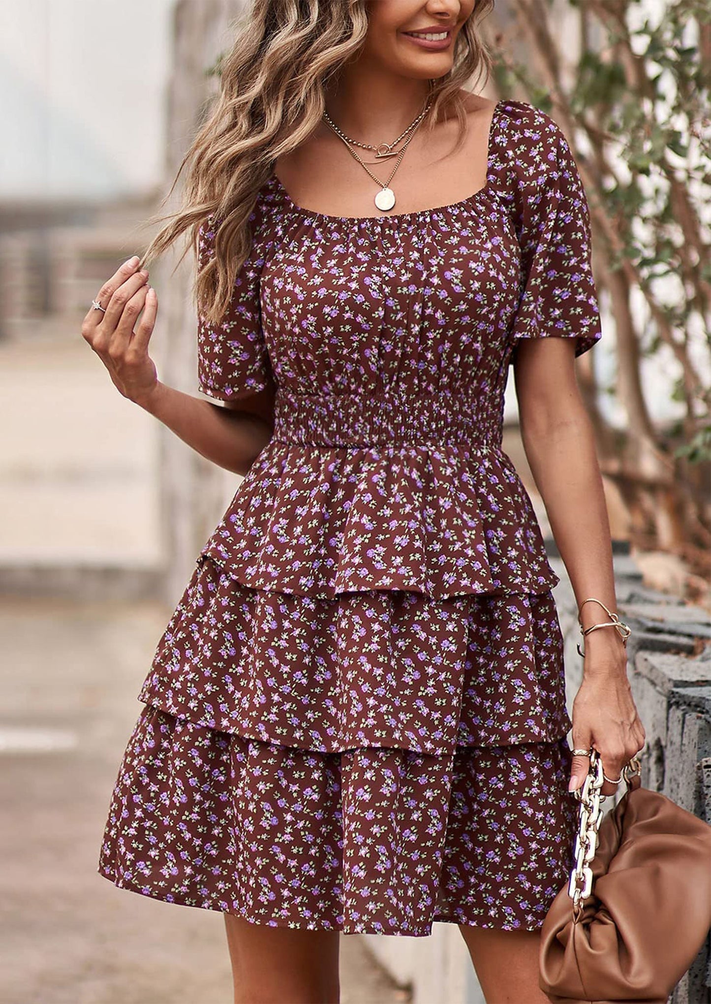 ELIANA - BOHO MINIKLEID MIT VOLANTS UND KARREE-AUSSCHNITT