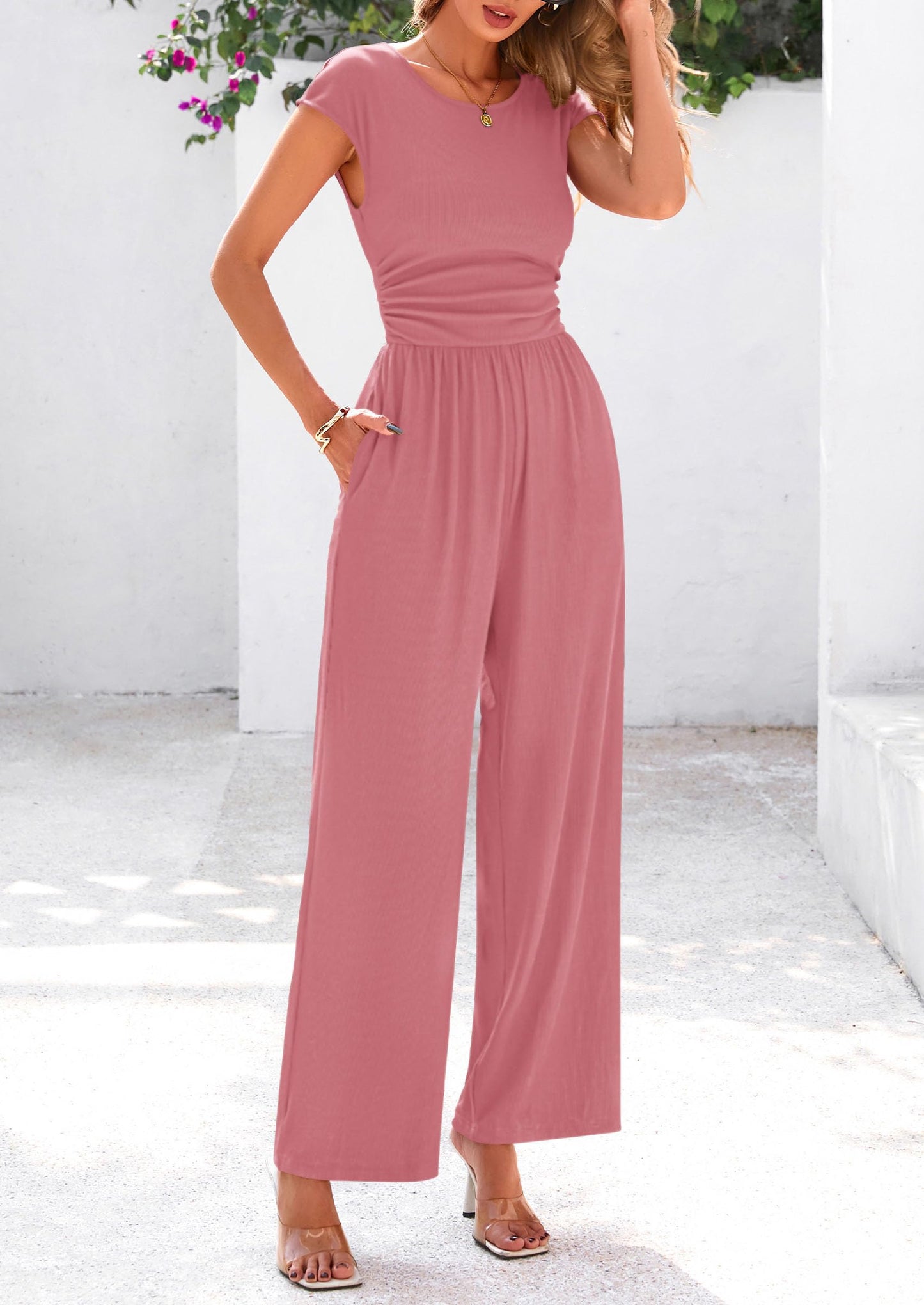 EMMA – RIPPSTRICK-JUMPSUIT MIT CAP-ÄRMELN UND WEITEM BEIN