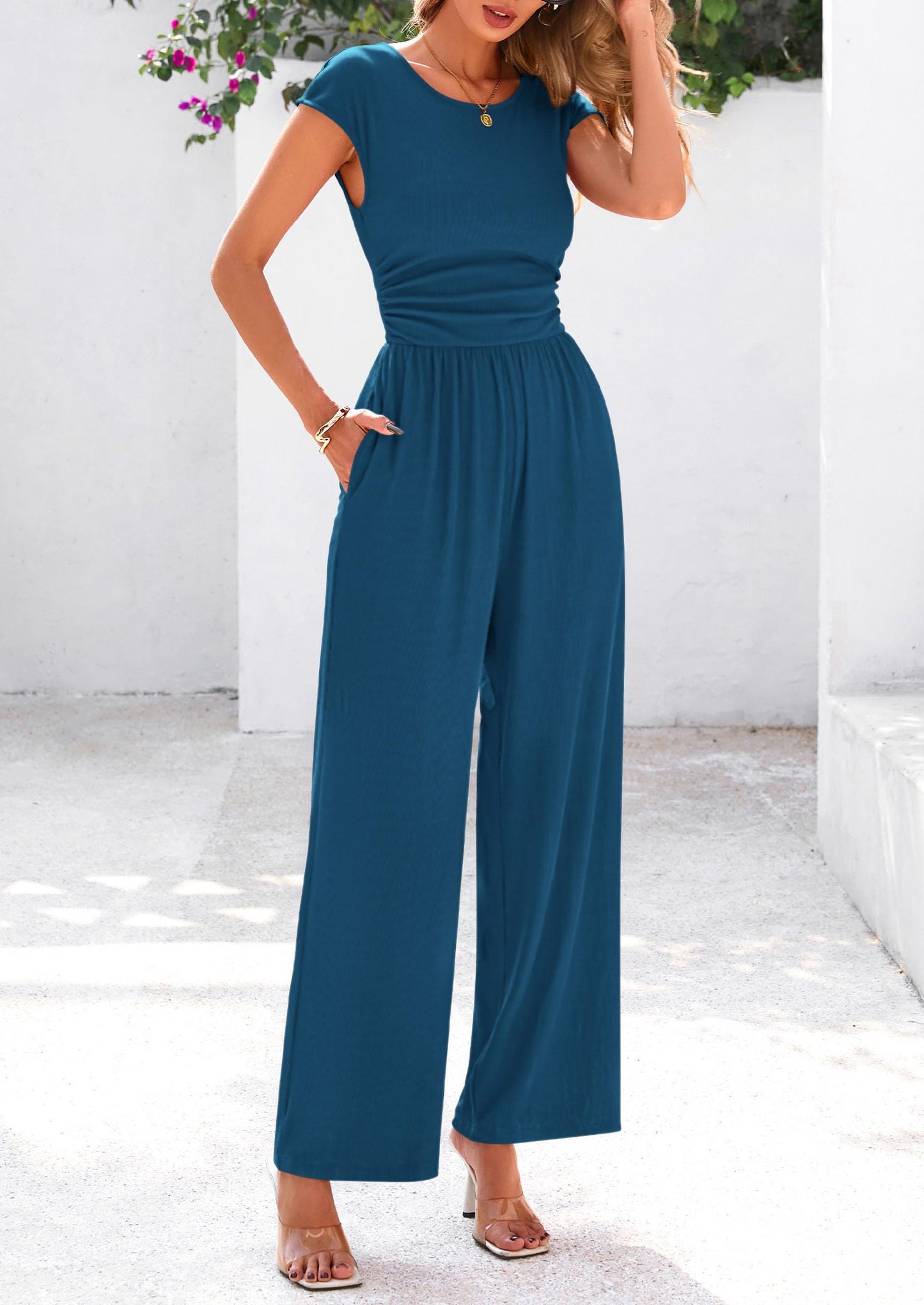 EMMA – RIPPSTRICK-JUMPSUIT MIT CAP-ÄRMELN UND WEITEM BEIN