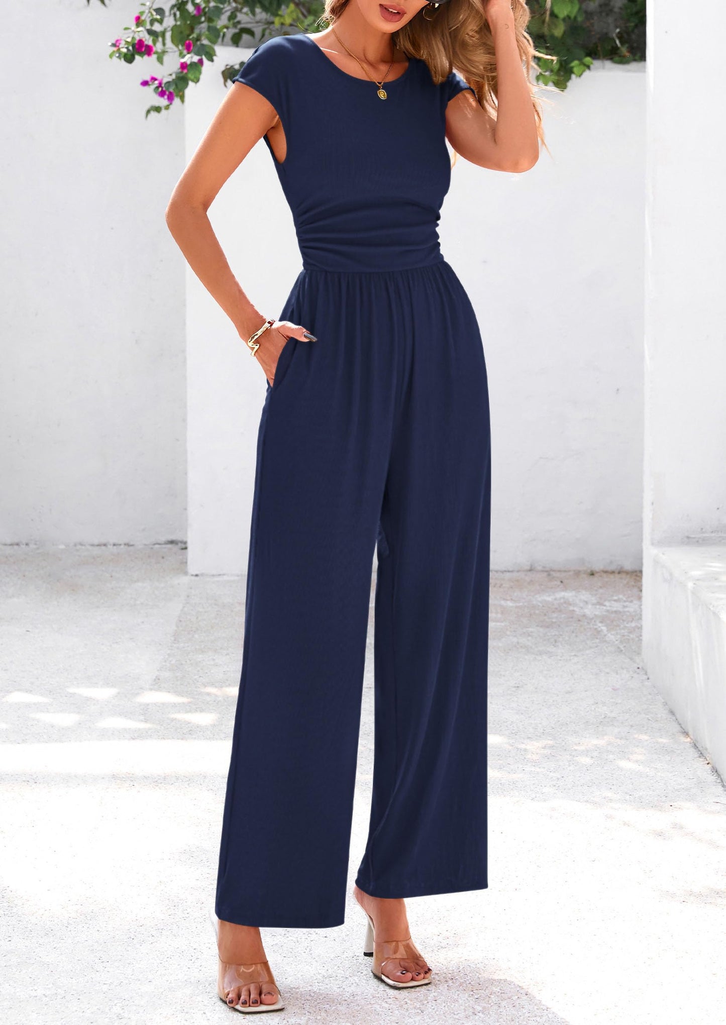 EMMA – RIPPSTRICK-JUMPSUIT MIT CAP-ÄRMELN UND WEITEM BEIN