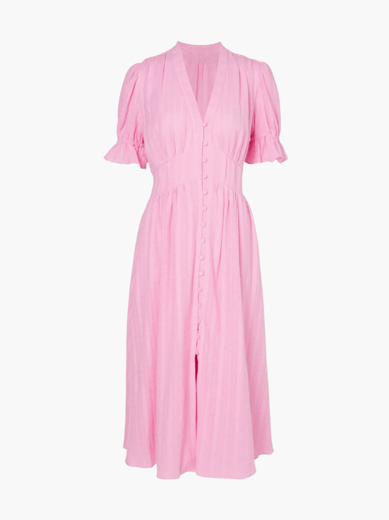 Rosa | Lässiges strukturiertes Kleid mit V-Ausschnitt und Knopfleiste