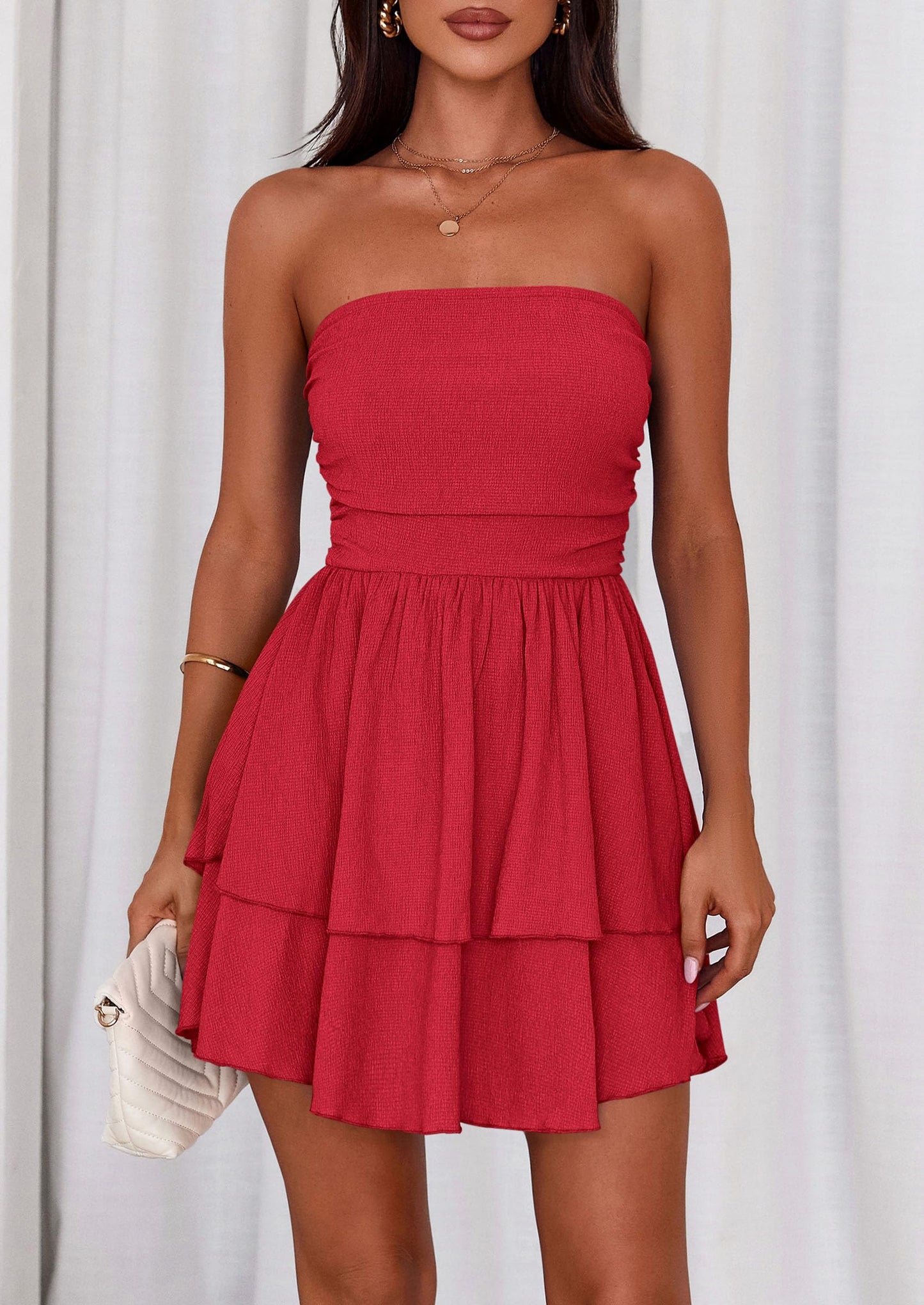 LOLA - SCHULTERFREIES SMOCKKLEID MIT VOLANTS