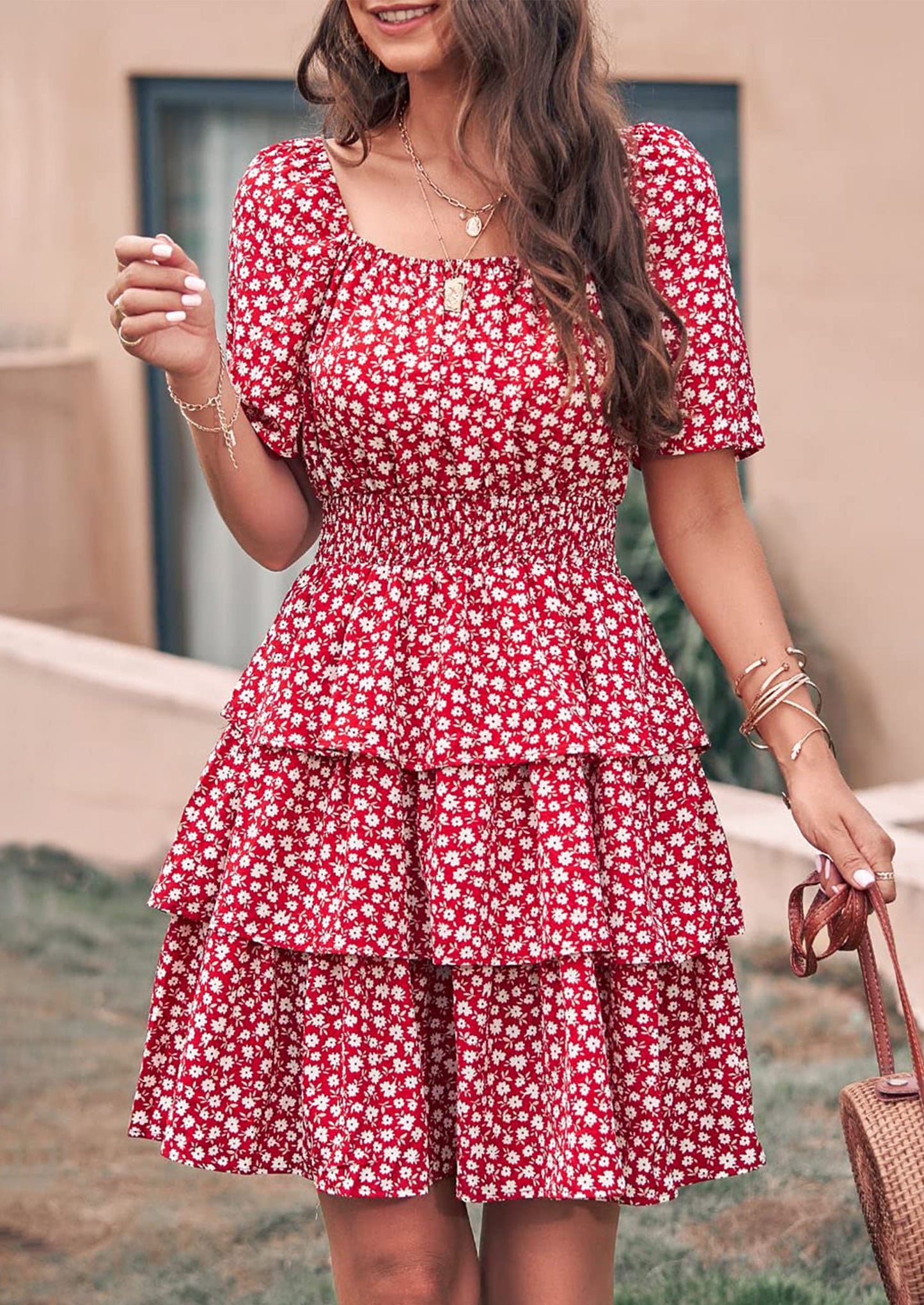 ELIANA - BOHO MINIKLEID MIT VOLANTS UND KARREE-AUSSCHNITT