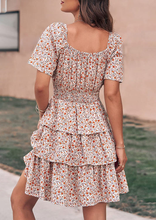 ELIANA - BOHO MINIKLEID MIT VOLANTS UND KARREE-AUSSCHNITT