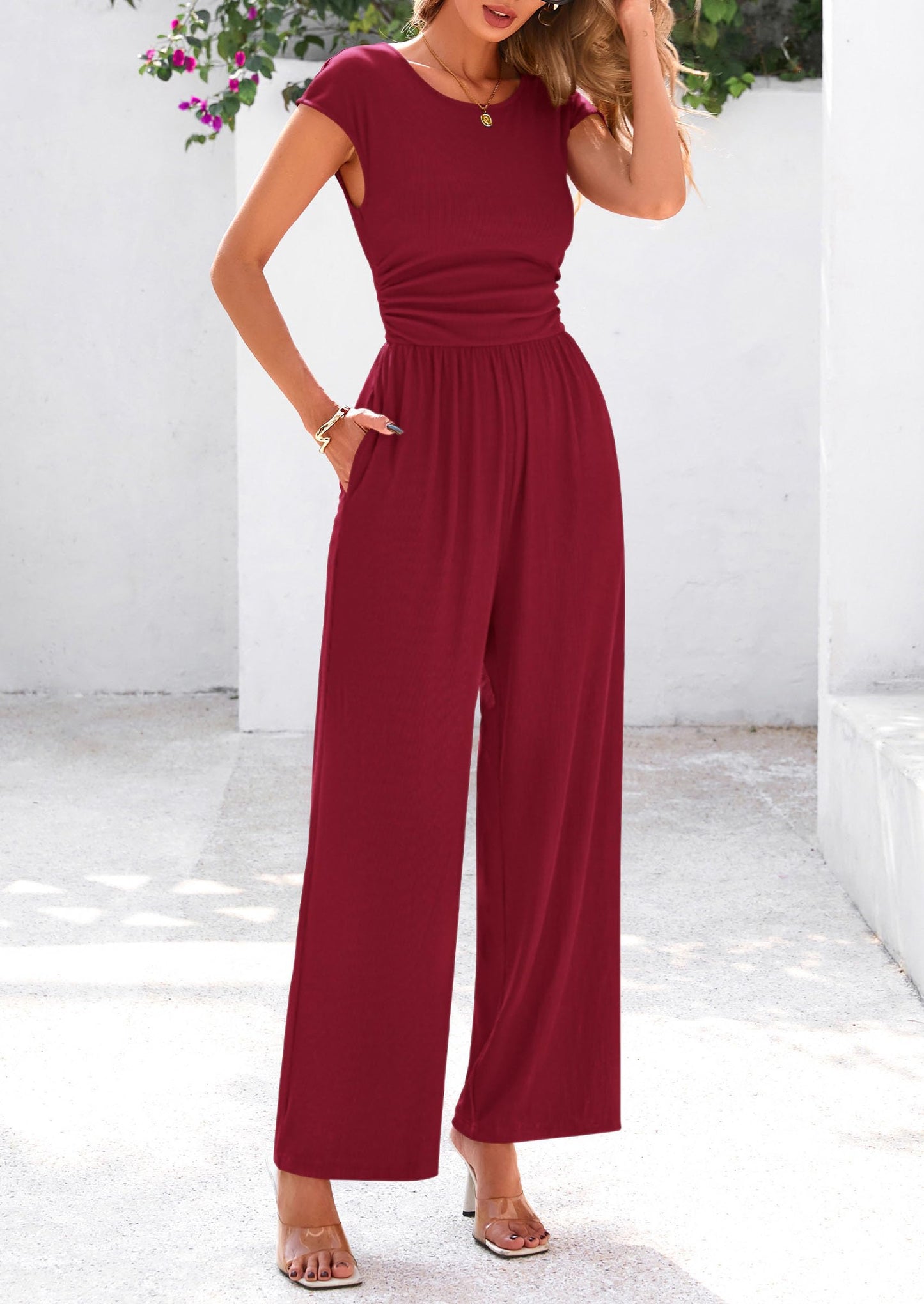 EMMA – RIPPSTRICK-JUMPSUIT MIT CAP-ÄRMELN UND WEITEM BEIN