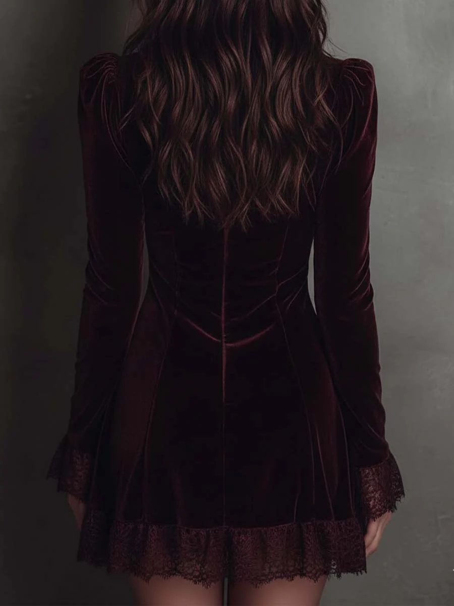 SOFIA | SAMT-MINIKLEID MIT SPITZENBESATZ & V-AUSSCHNITT