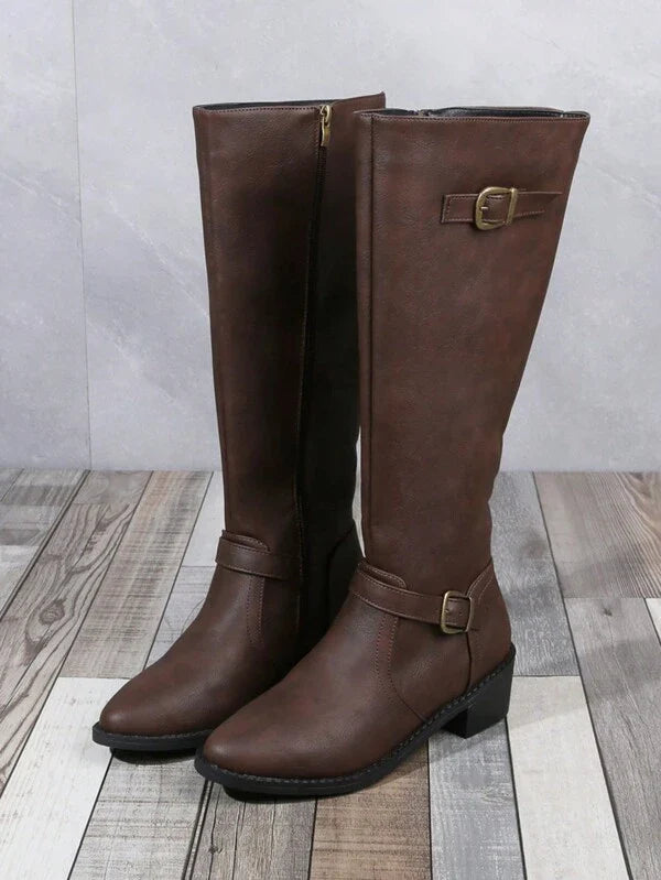 Women's Fashionable Comfortable Chunky Heel High-Cut Riding Boots With Inner Zipper, Pointed Toe