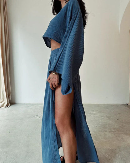 Nora | Zweiteiliges Set aus Baumwolle und Leinen mit schickem Schlitz