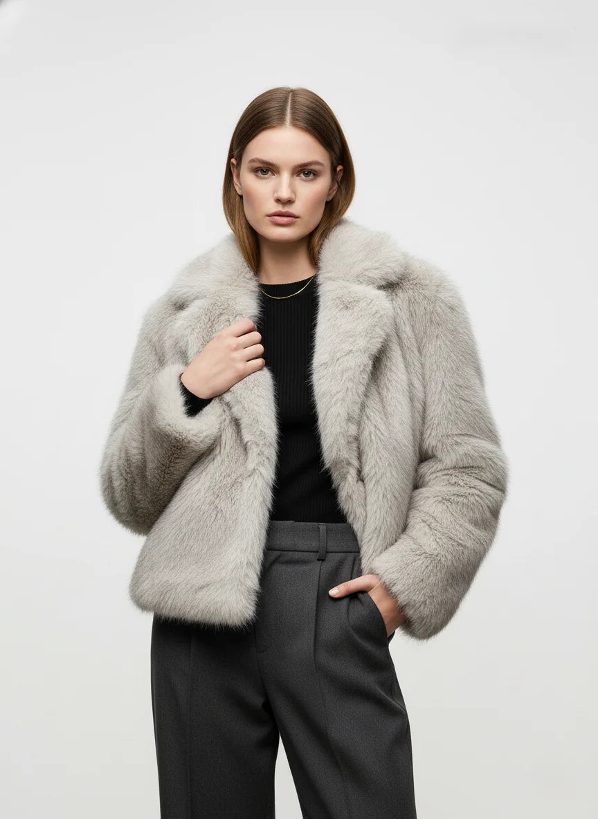 ANYA | VEGANE CROPPED FELLJACKE MIT REVERSKRAGEN