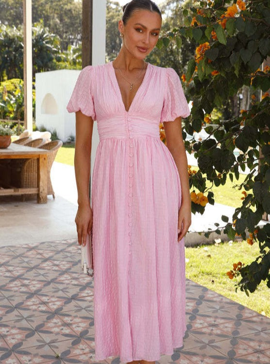 Rosa | Lässiges strukturiertes Kleid mit V-Ausschnitt und Knopfleiste