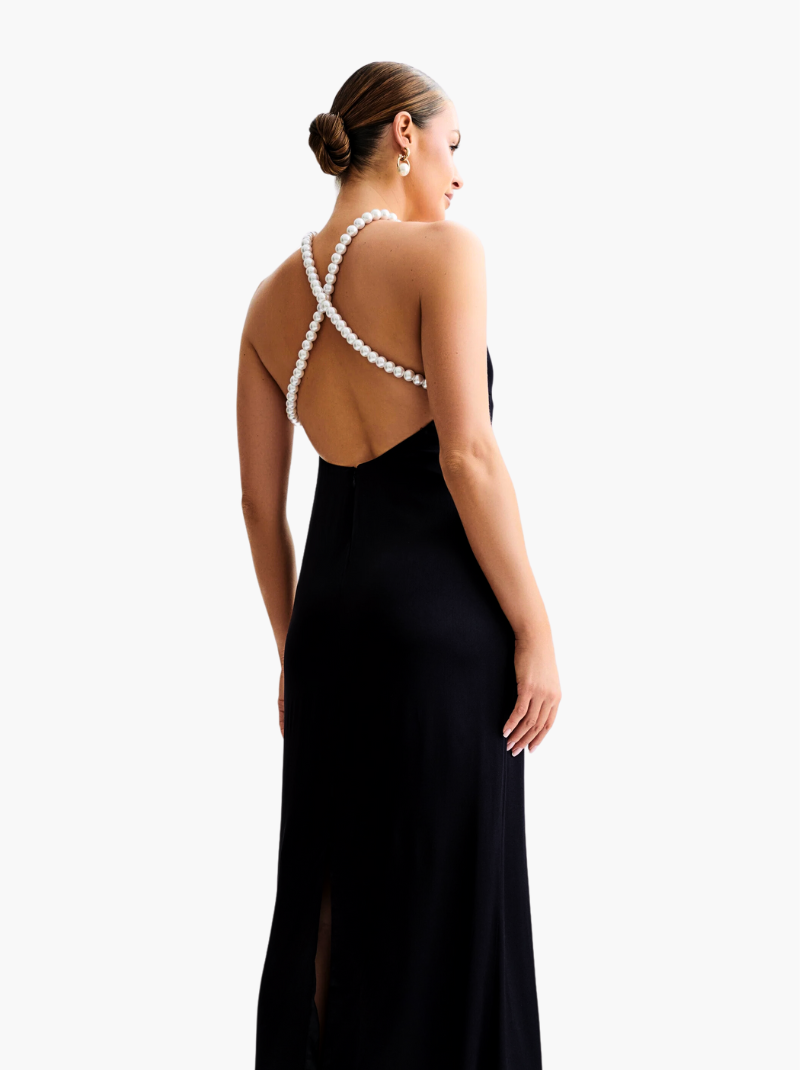 Franziska | Blanche Satin Perlenhalter Maxikleid