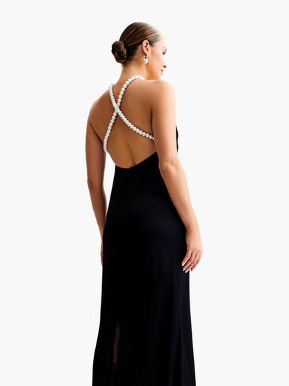 Franziska | Blanche Satin Perlenhalter Maxikleid