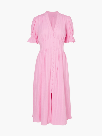 Rosa | Lässiges strukturiertes Kleid mit V-Ausschnitt und Knopfleiste