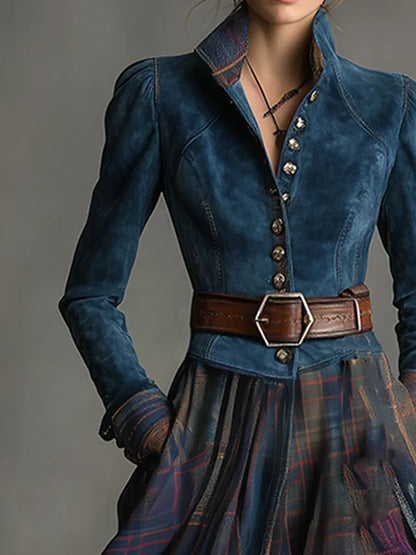 ELORA | RETRO-WILDLEDERIMITAT-MAXIKLEID IM ETHNO-STIL MIT KAROMUSTER & GÜRTEL