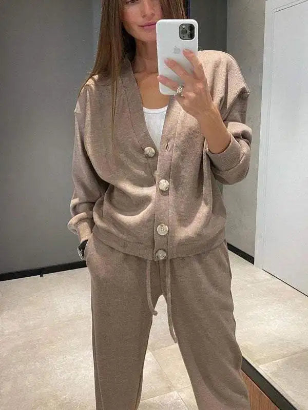 Herbst Winter Damen bekleidung Mode einreihig lässig Sporta nzug Strickjacke Top Schnür hose zweiteilig Set Frauen