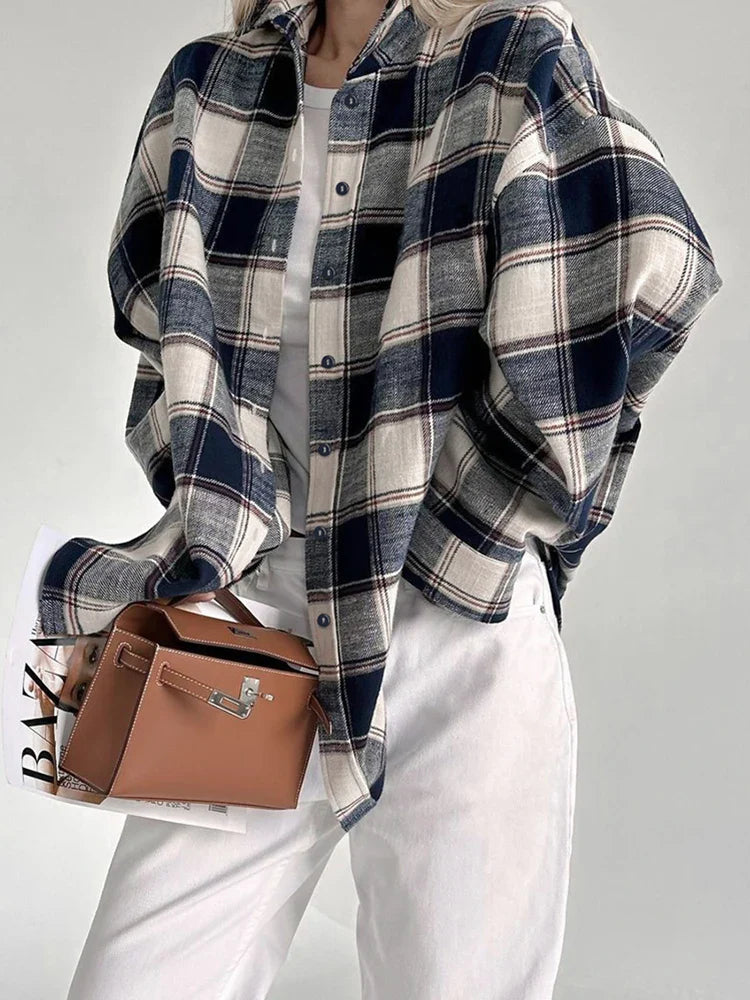 Ootn Vintage karierte Langarm hemden weibliches Herbst büro einreihige Frau Bluse Mode lässig umdrehen Kragen Top