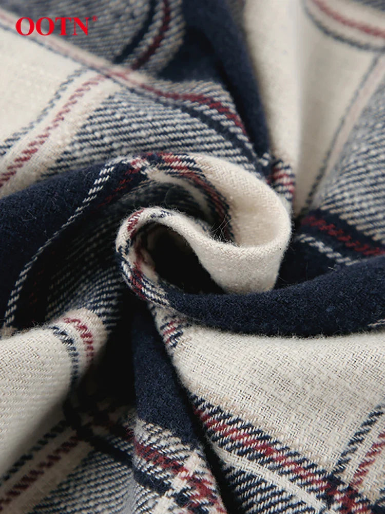 Ootn Vintage karierte Langarm hemden weibliches Herbst büro einreihige Frau Bluse Mode lässig umdrehen Kragen Top
