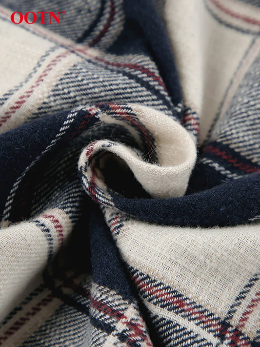 Ootn Vintage karierte Langarm hemden weibliches Herbst büro einreihige Frau Bluse Mode lässig umdrehen Kragen Top