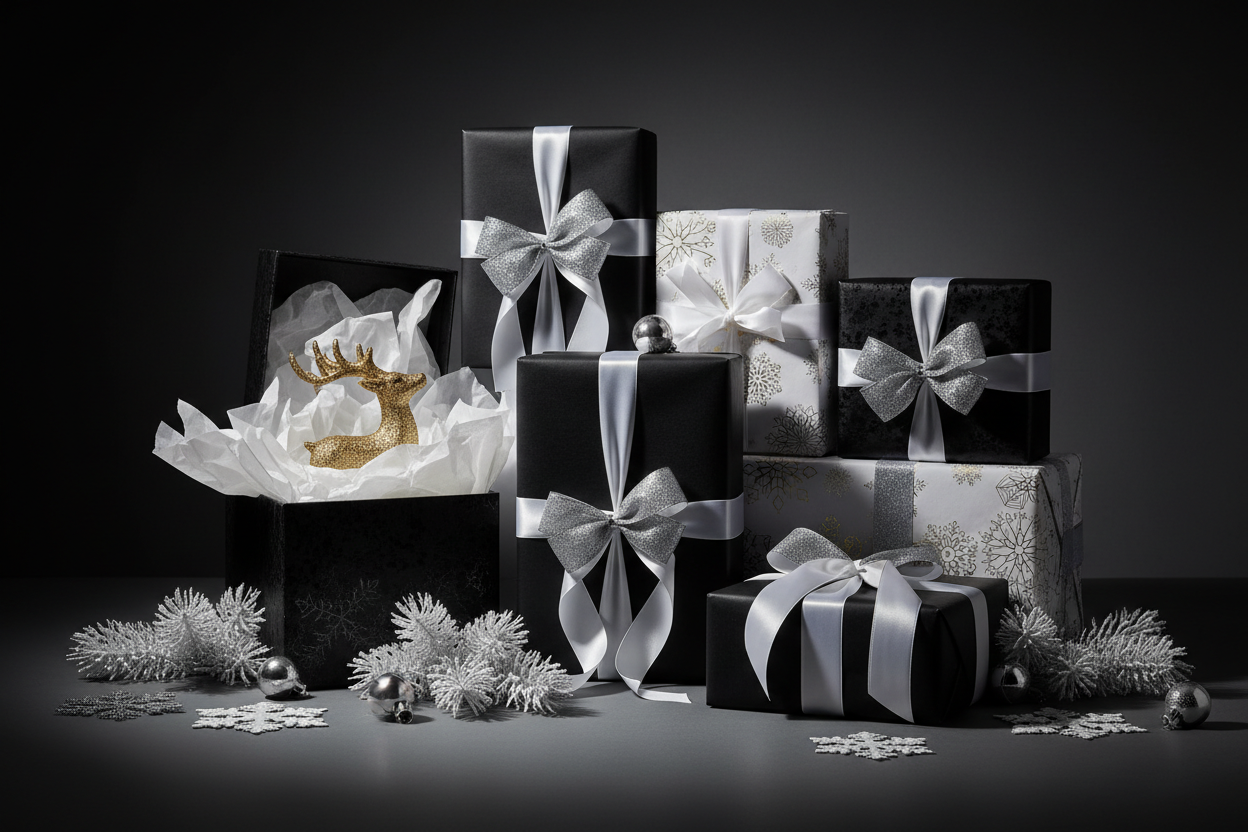 creame una imagen que represente regalo de navidad con colores que pasen con la tienda negro y blanco pero que se vea muy llamativo y profesional