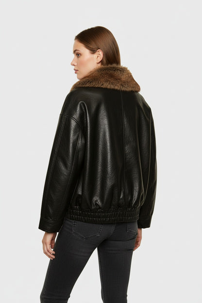 LUXE | VEGANE LEDERJACKE MIT ABNEHMBAREM FELLKRAGEN