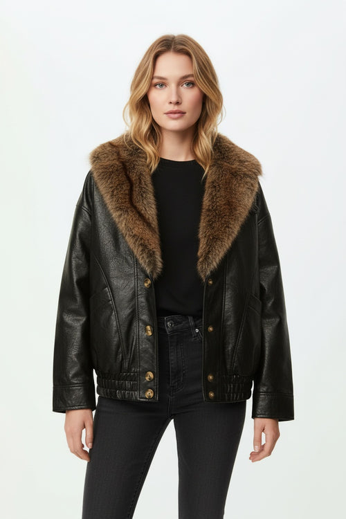 LUXE | VEGANE LEDERJACKE MIT ABNEHMBAREM FELLKRAGEN